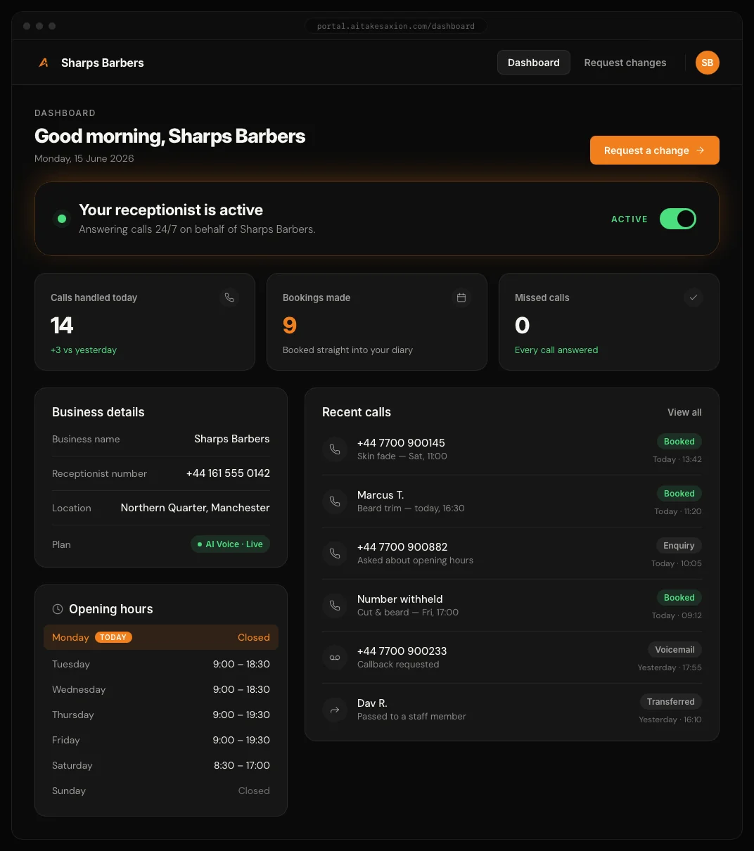 AI Automation client portal dashboard showing call activity and booking summary