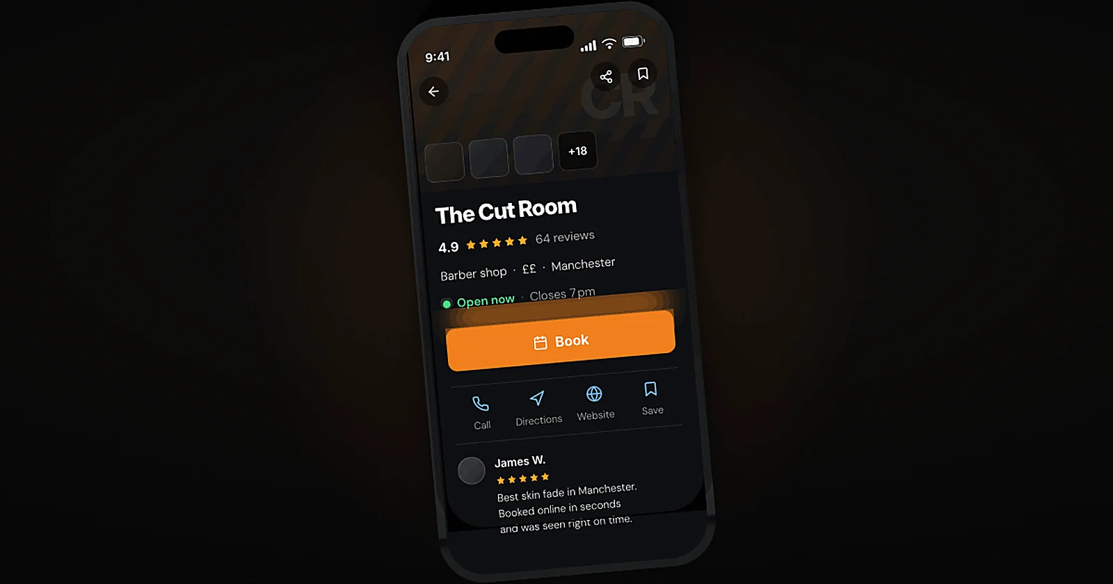 Google Business Profile for a UK barbershop on mobile showing star reviews, opening hours and booking button