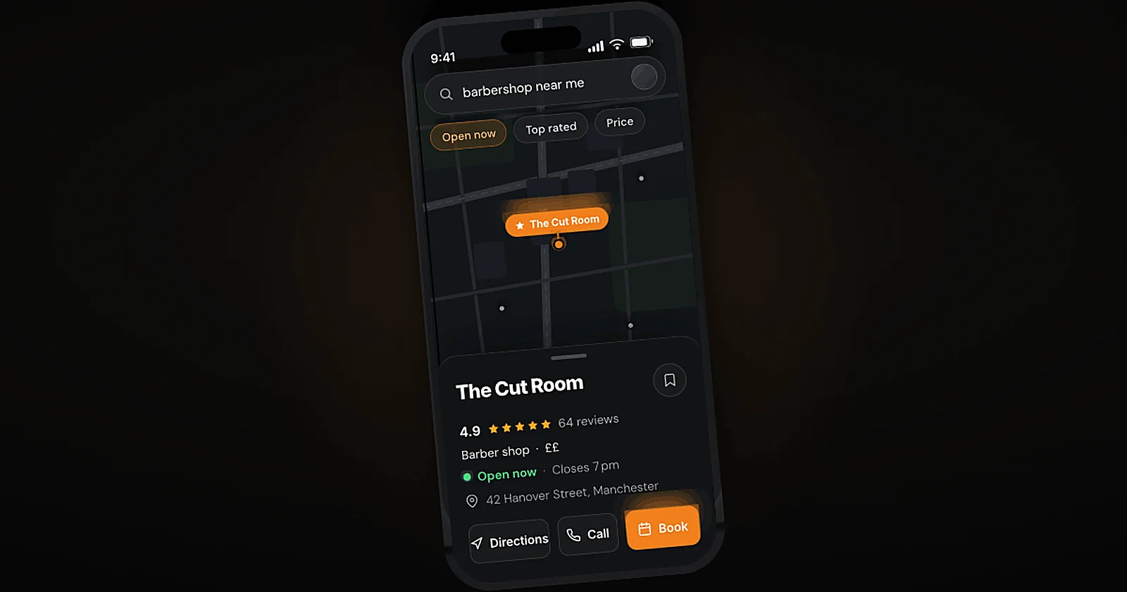 Google Business Profile listing for a UK barbershop showing star reviews and booking button in search results